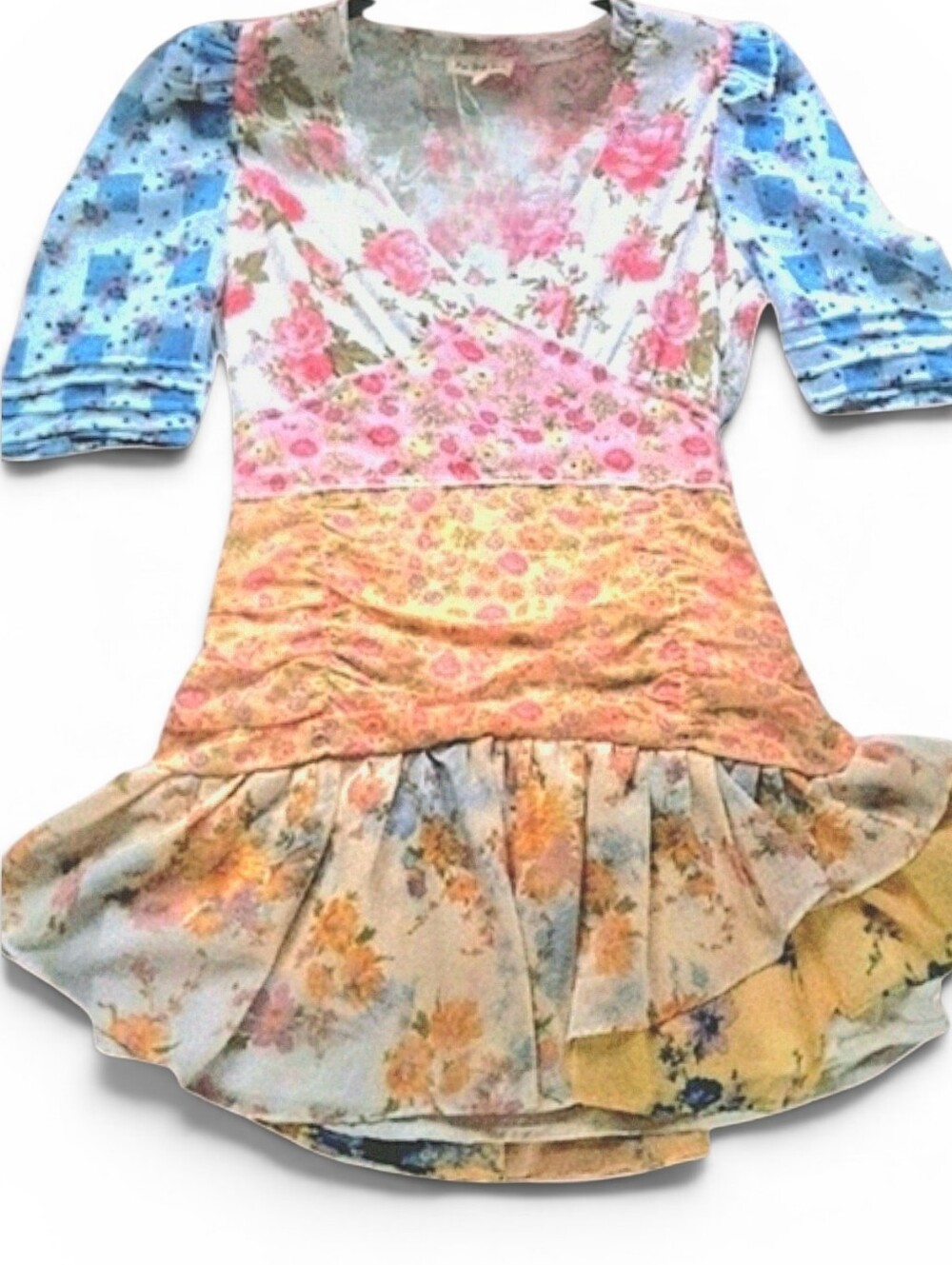 For Love Bell Patchwork Floral Ruffled Mini Dress Sz Large
